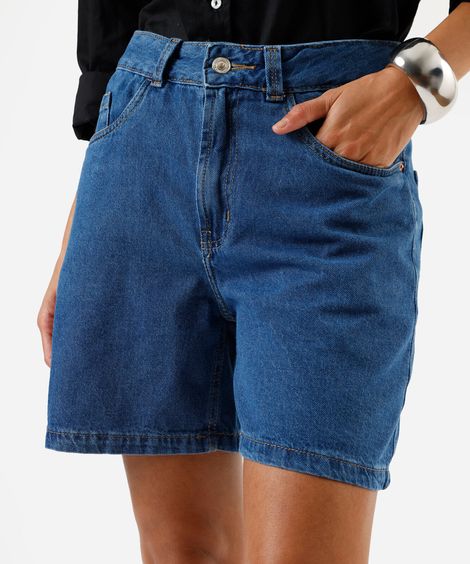 short feminino jeans cintura alta azul