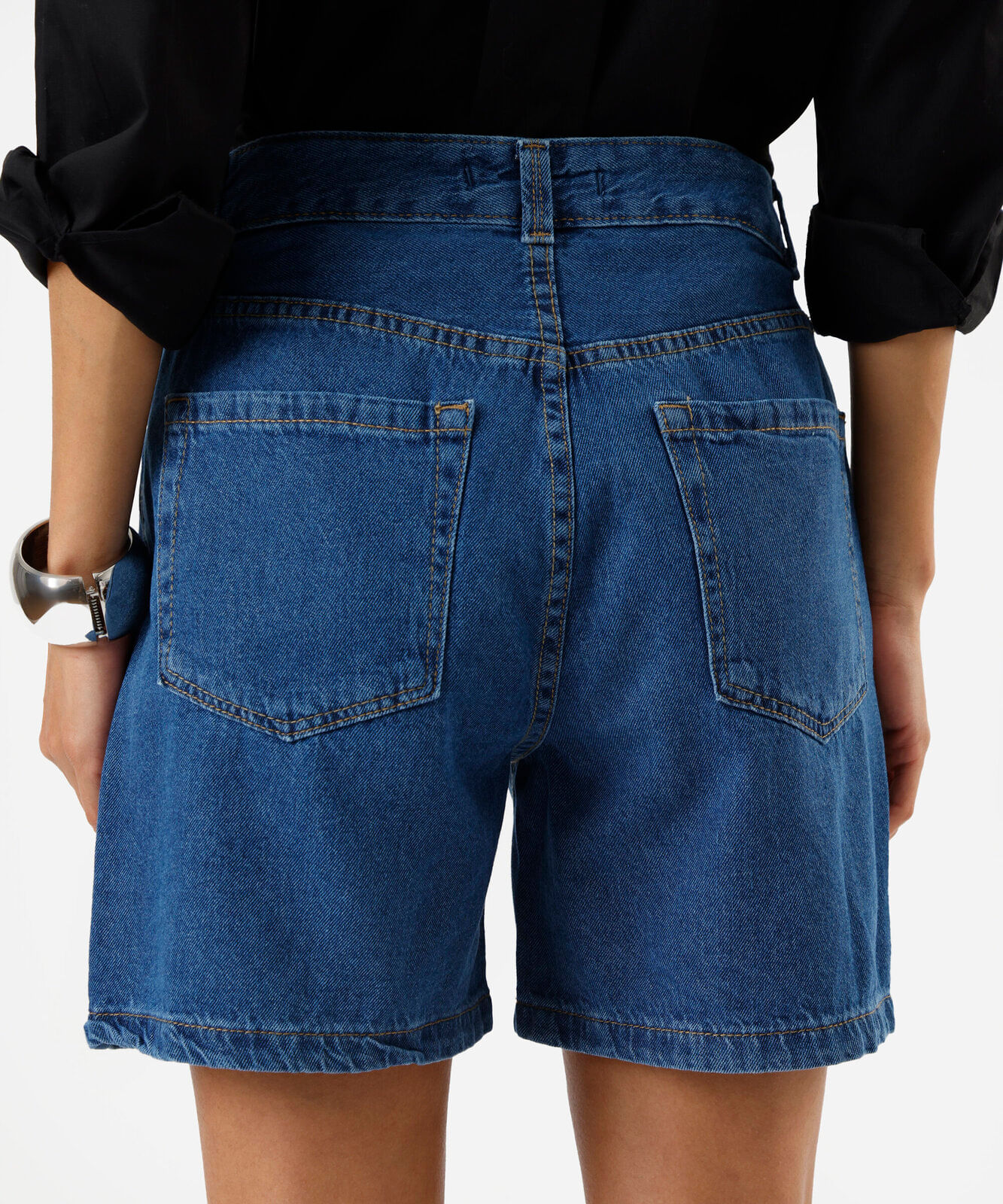 short feminino jeans cintura alta azul