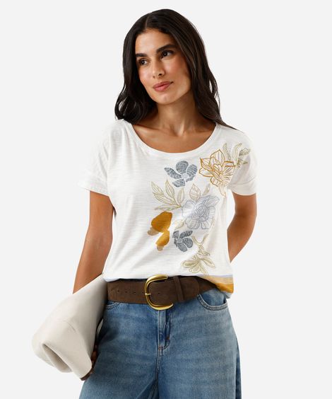 camiseta feminina de algodão manga curta estampada off white