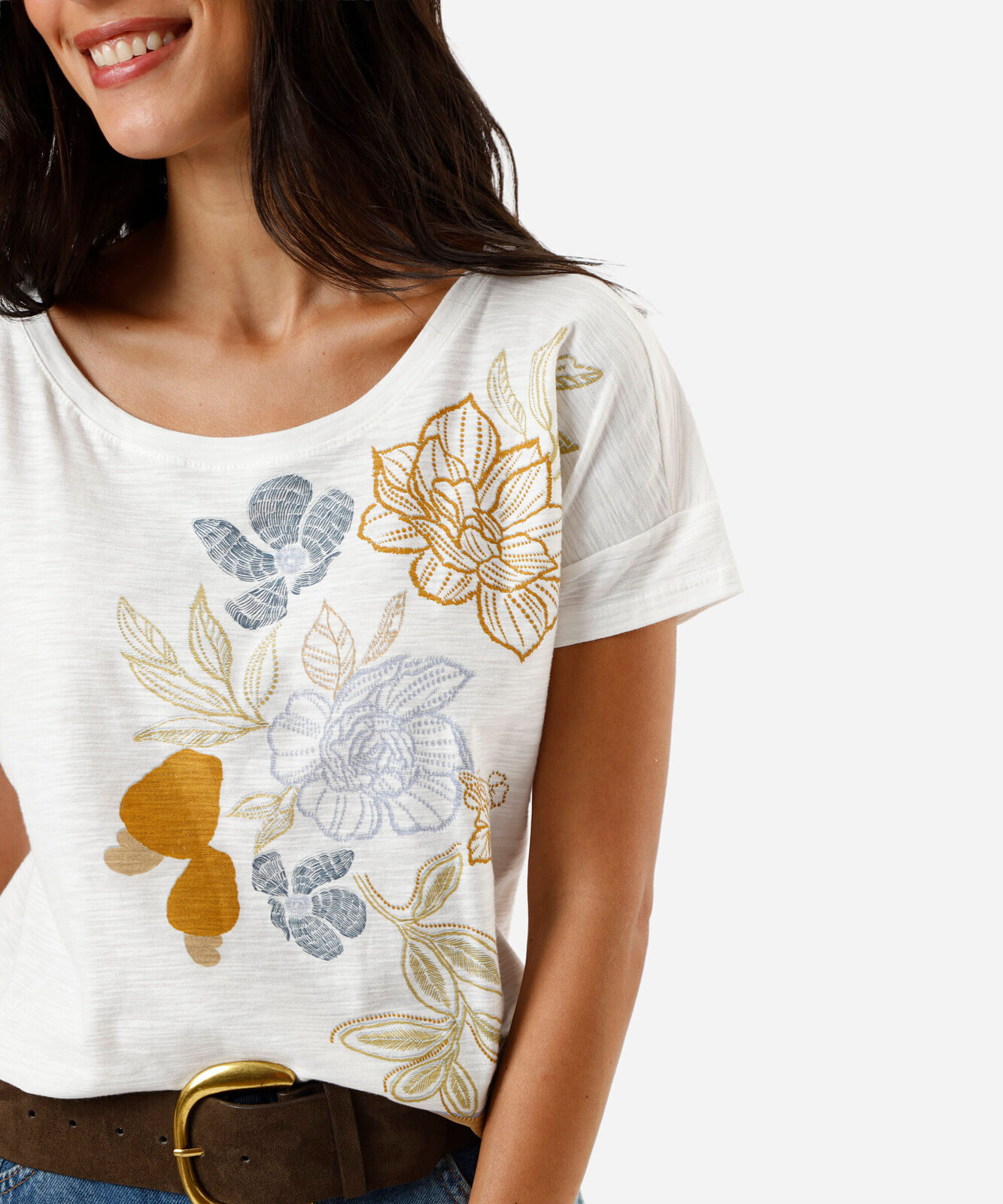 camiseta feminina de algodão manga curta estampada off white