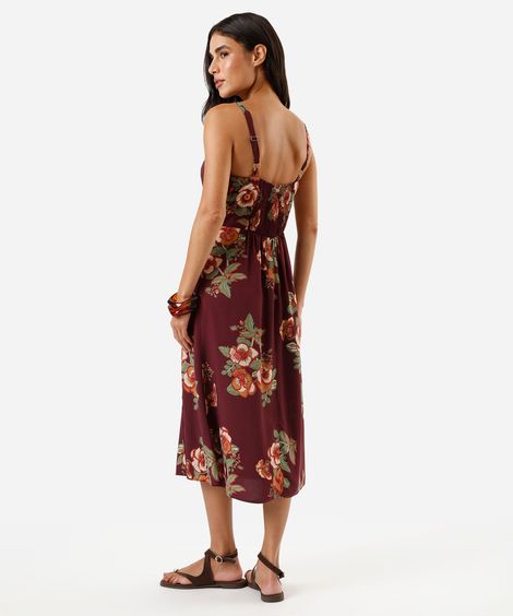 vestido midi feminino de viscose com fenda floral vinho