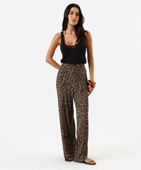 calça wide leg feminina texturizada animal print marrom
