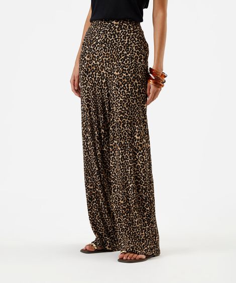 calça wide leg feminina texturizada animal print marrom
