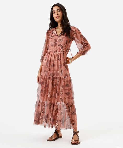 vestido longo feminino de tule com recortes floral rosa