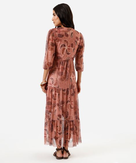 vestido longo feminino de tule com recortes floral rosa