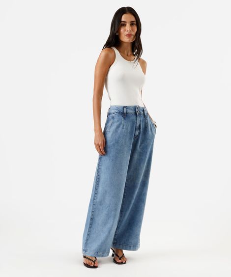 calça wide leg feminina jeans cintura alta azul