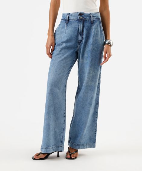 calça wide leg feminina jeans cintura alta azul