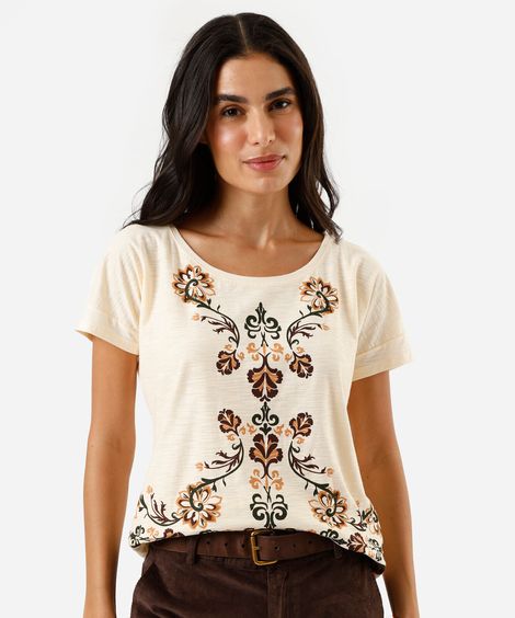 camiseta feminina de algodão manga curta floral off white