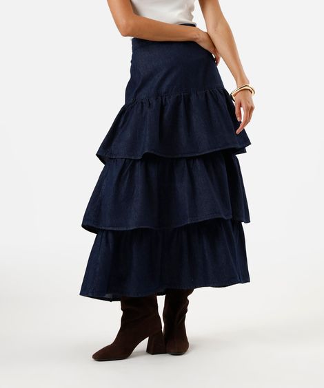 saia midi feminina jeans com camadas azul