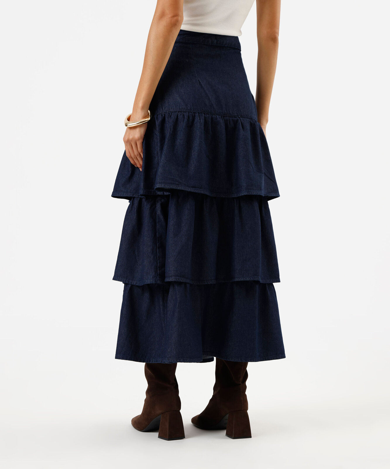 saia midi feminina jeans com camadas azul