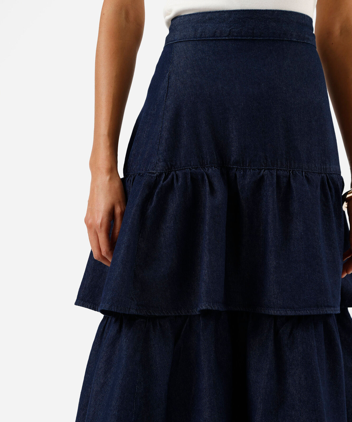 saia midi feminina jeans com camadas azul