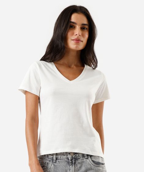 camiseta feminina de algodão decote v manga curta off white
