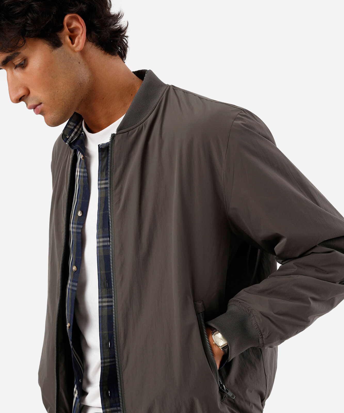 jaqueta bomber masculina com bolsos cinza