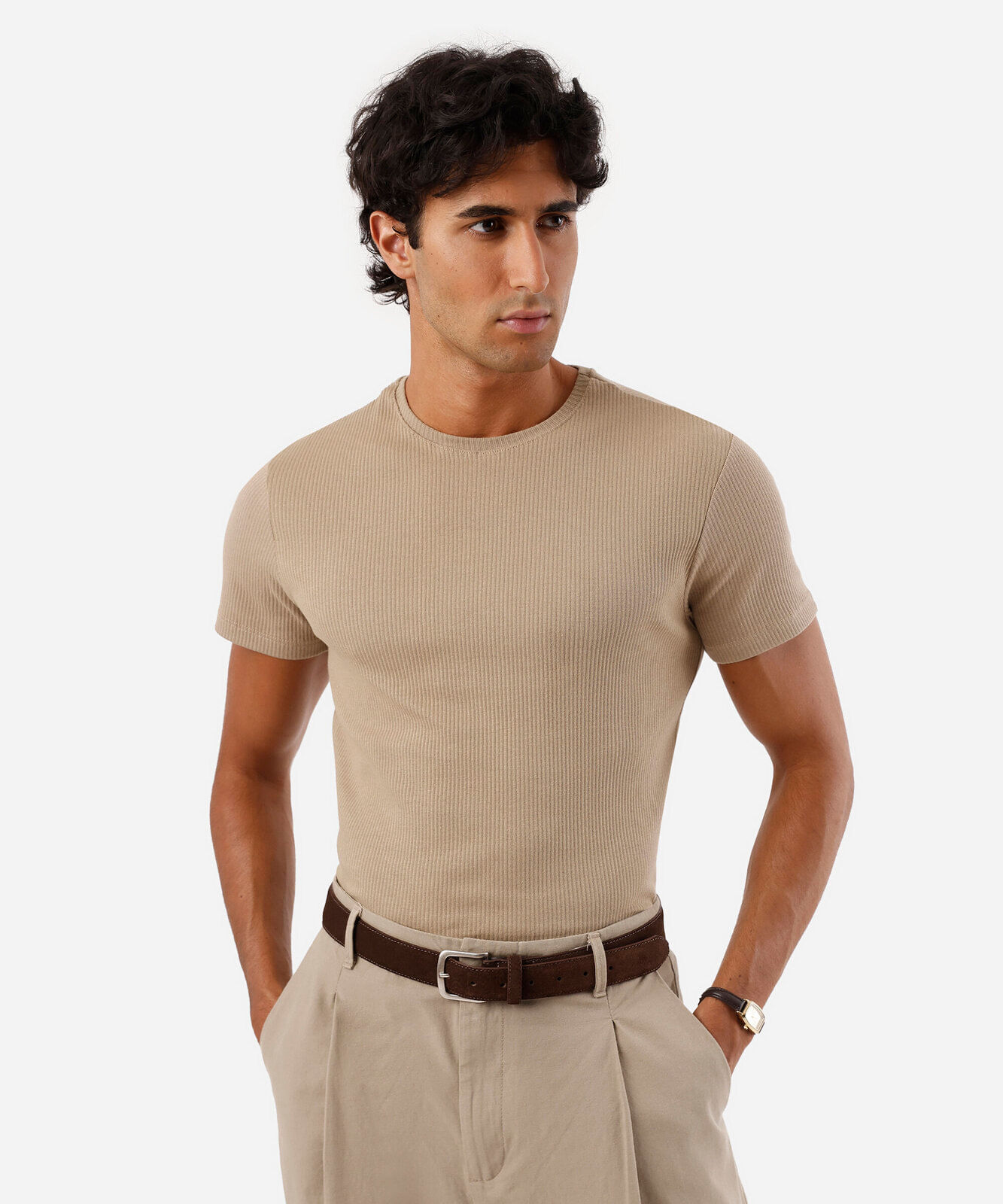 camiseta de algodão manga curta texturizada bege