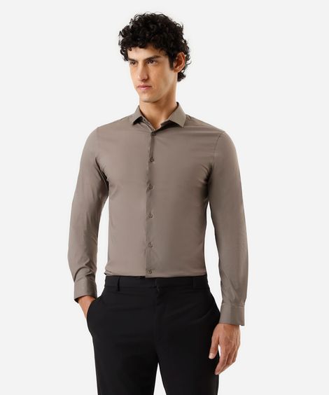 camisa slim masculina de algodão manga longa marrom