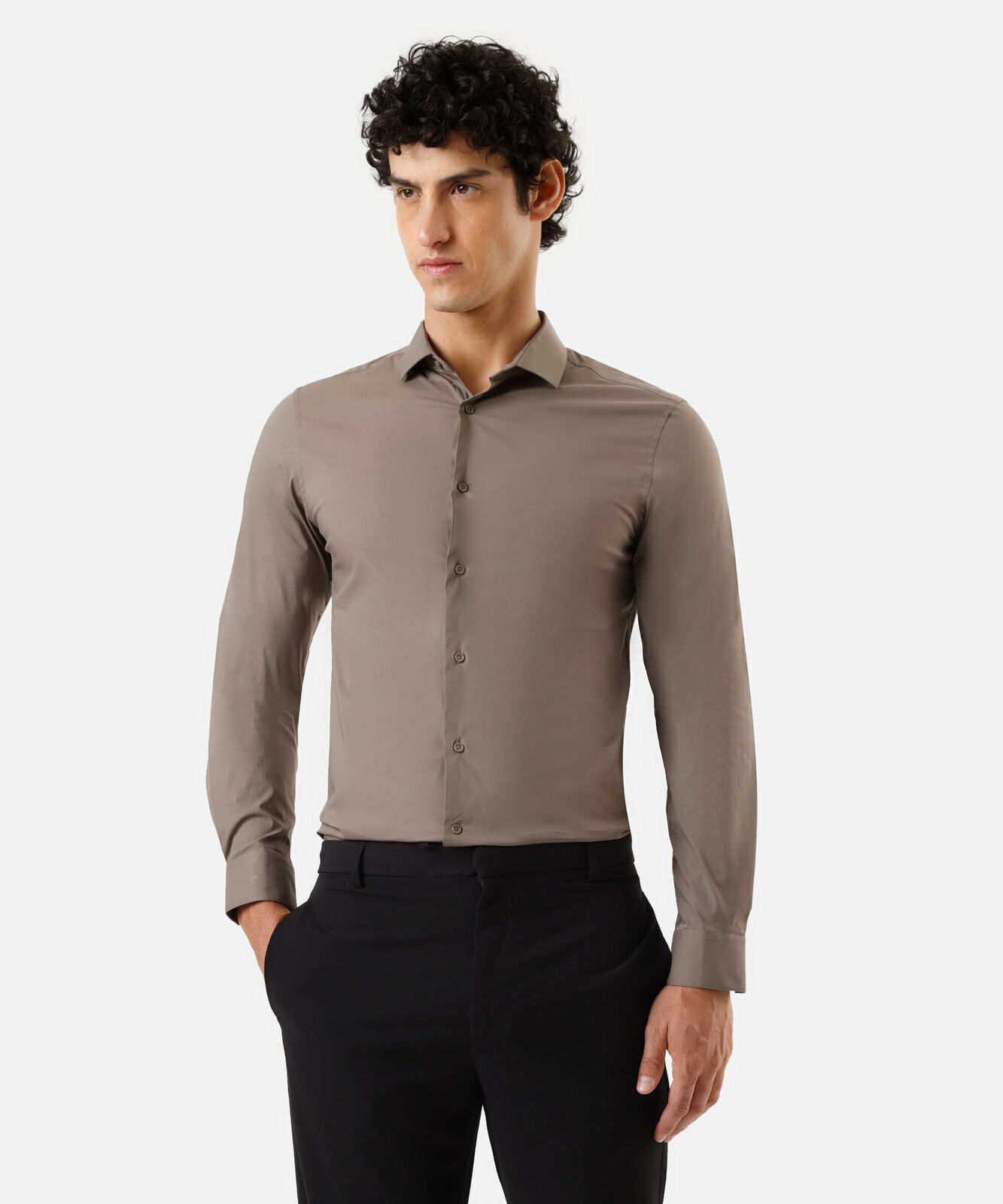 camisa slim masculina de algodão manga longa marrom