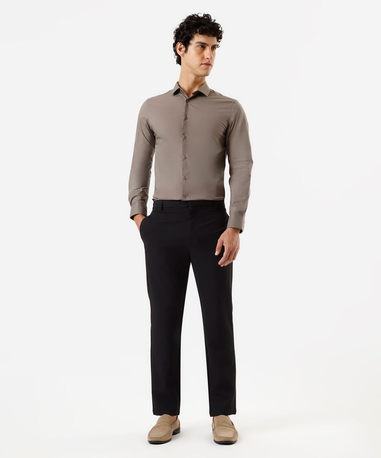 camisa slim masculina de algodão manga longa marrom