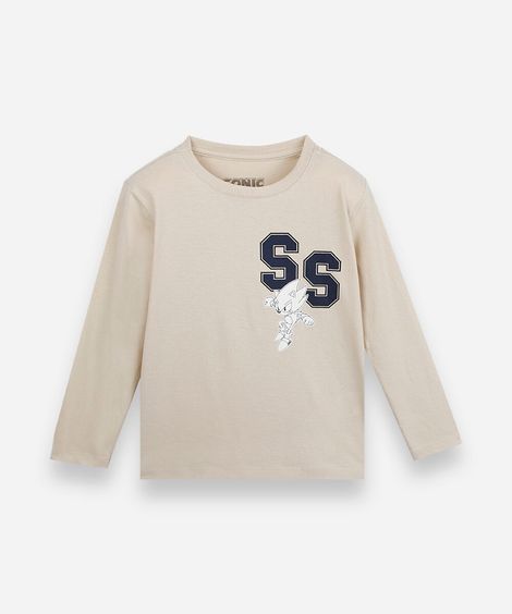 camiseta infantil de algodão manga longa sonic bege
