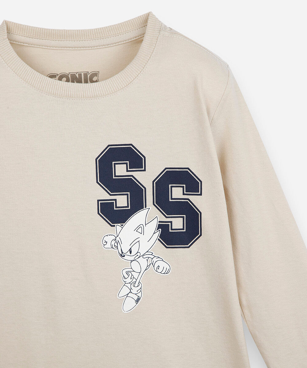 camiseta infantil de algodão manga longa sonic bege