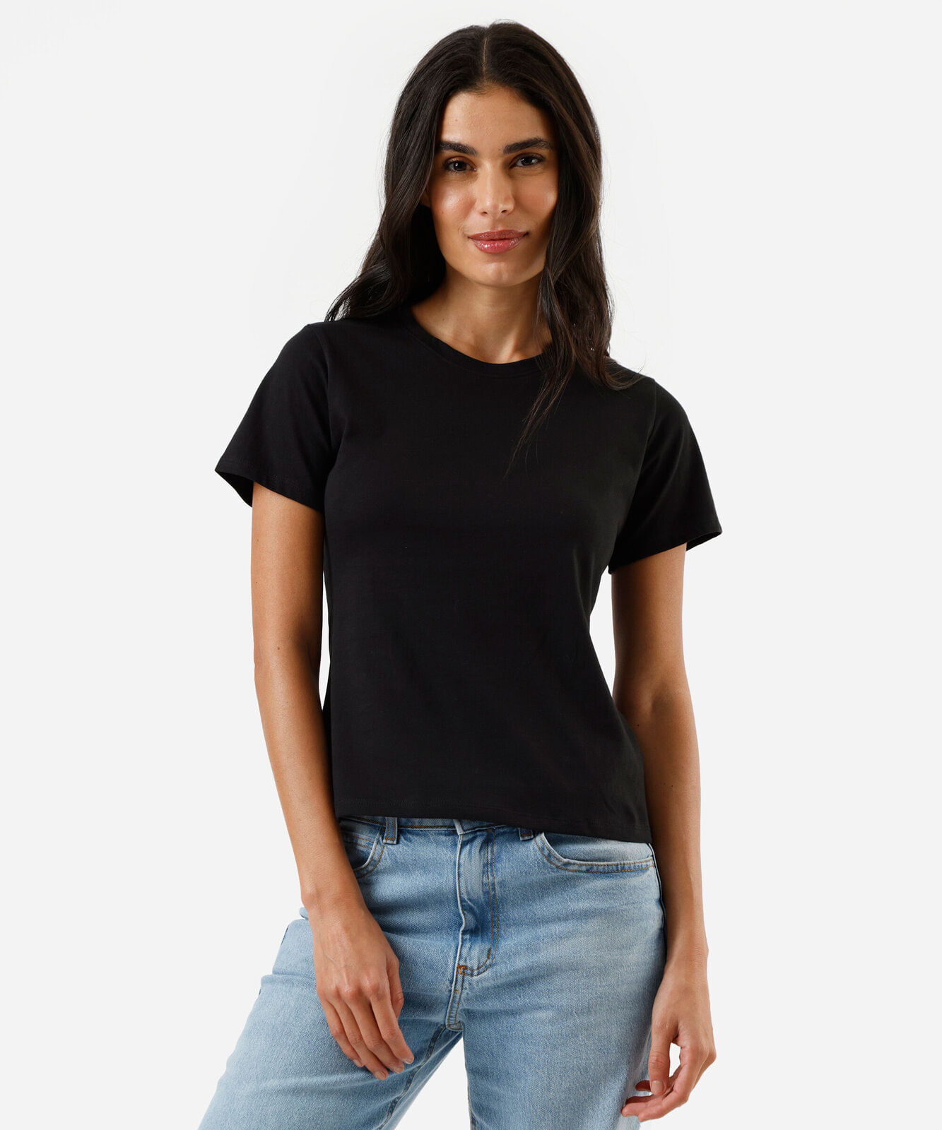 camiseta feminina de algodão gola redonda manga curta preta