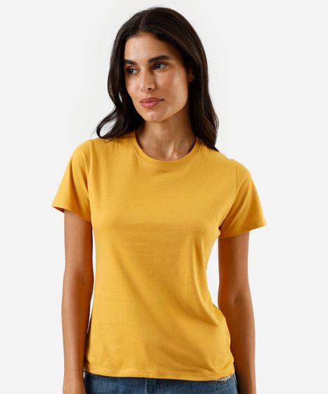 camiseta feminina de algodão gola redonda manga curta amarela