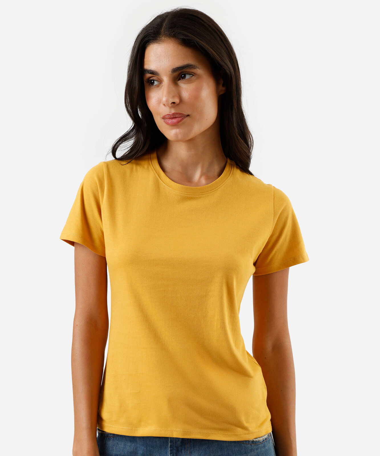 camiseta feminina de algodão gola redonda manga curta amarela