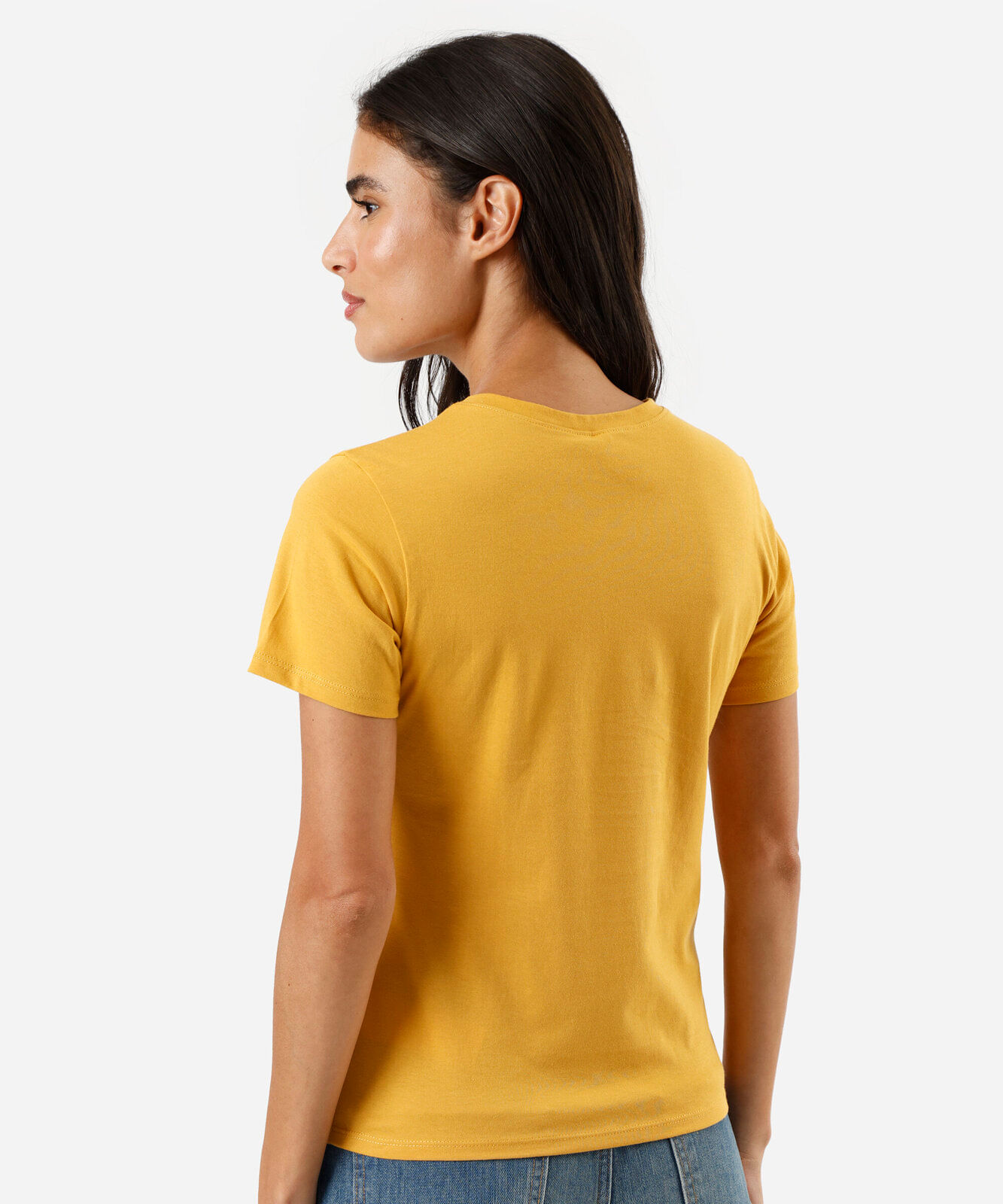 camiseta feminina de algodão gola redonda manga curta amarela