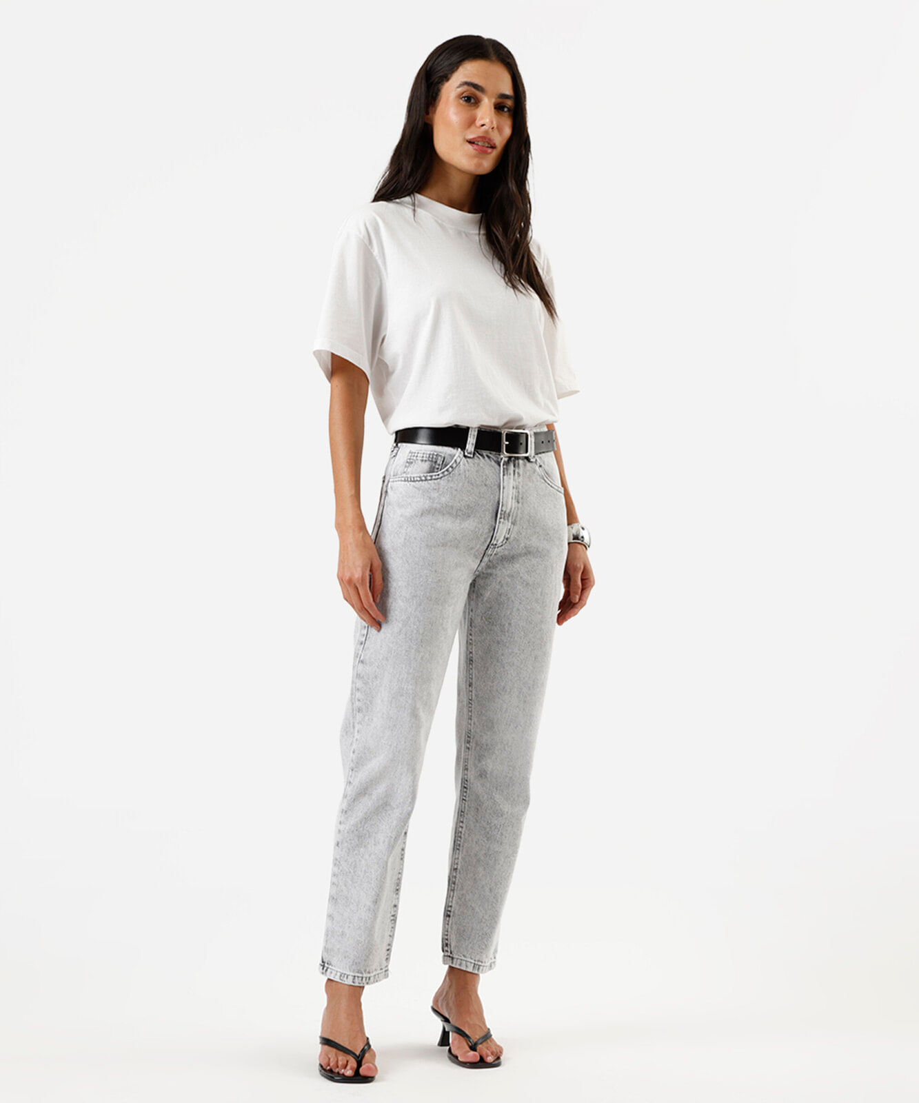 calça mom feminina jeans cintura alta cinza
