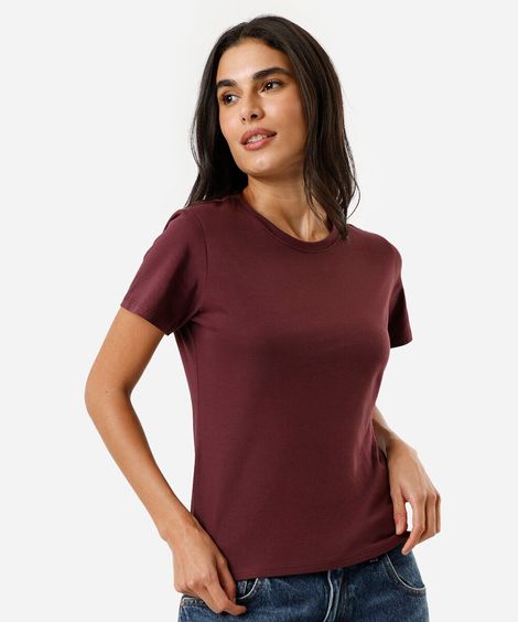 camiseta feminina de algodão gola redonda manga curta vinho