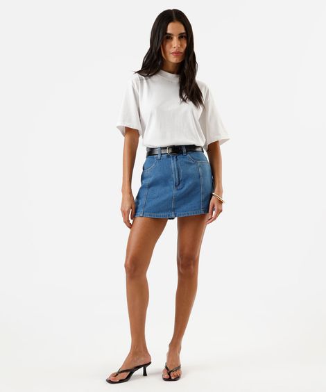 short saia feminino jeans com recortes  cintura alta azul