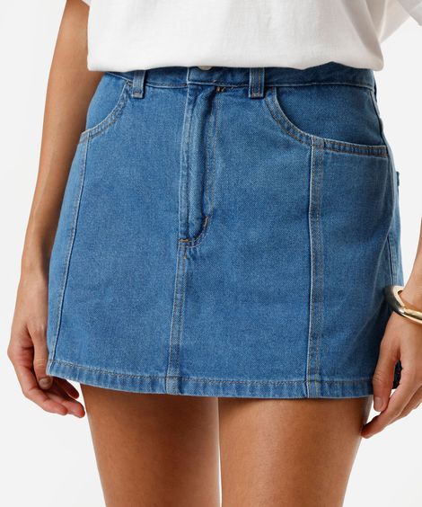 short saia feminino jeans com recortes  cintura alta azul
