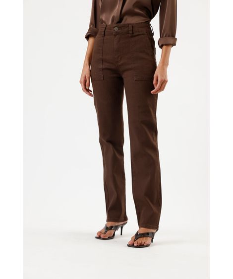 calça reta petit feminina de sarja cintura alta sawary marrom