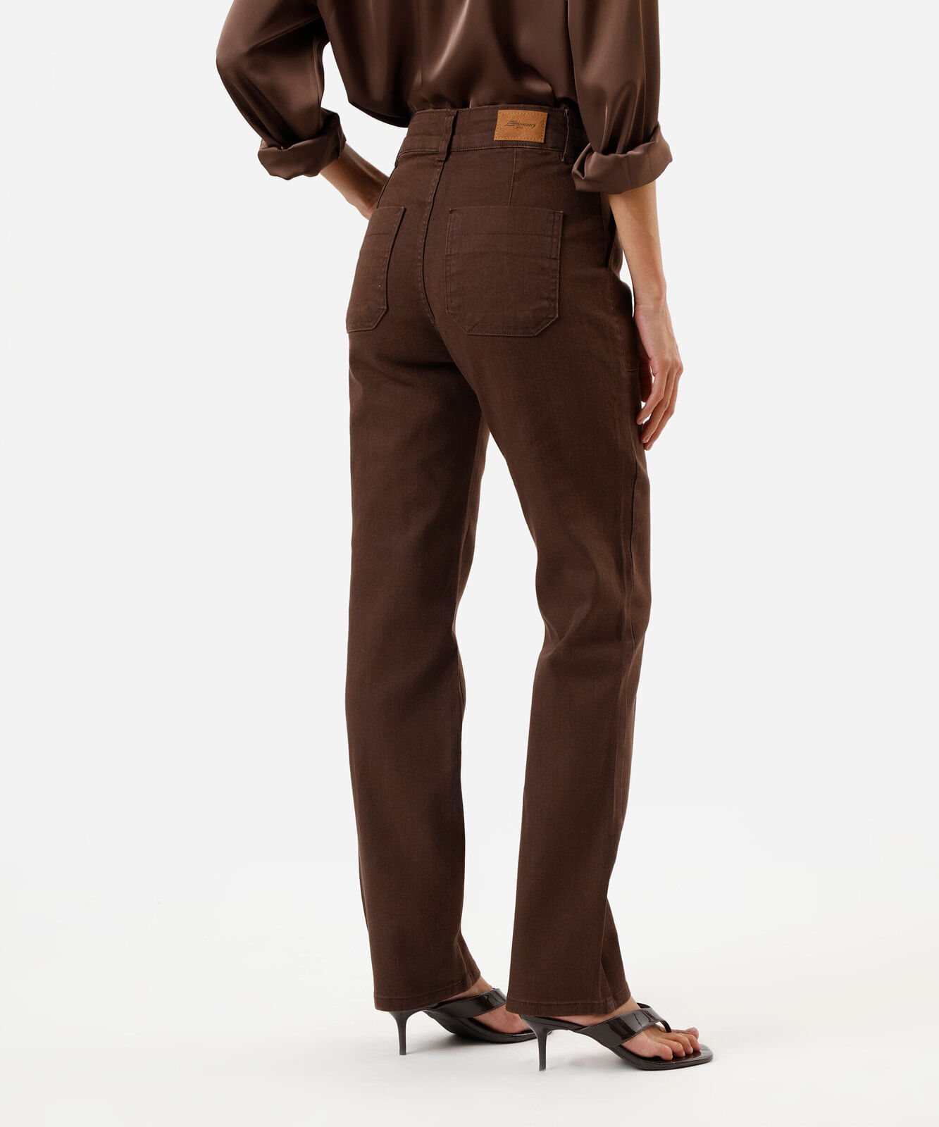 calça reta petit feminina de sarja cintura alta sawary marrom