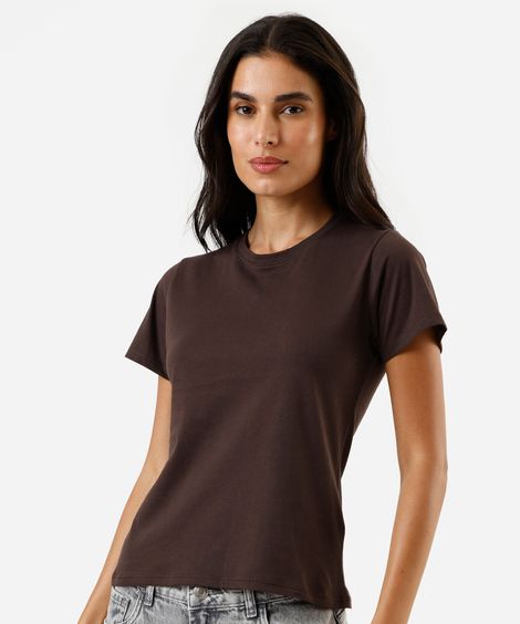 camiseta feminina de algodão gola redonda manga curta marrom