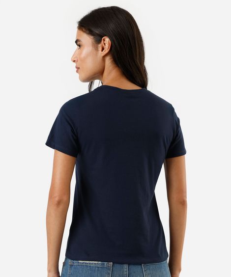 camiseta feminina de algodão gola redonda manga curta azul