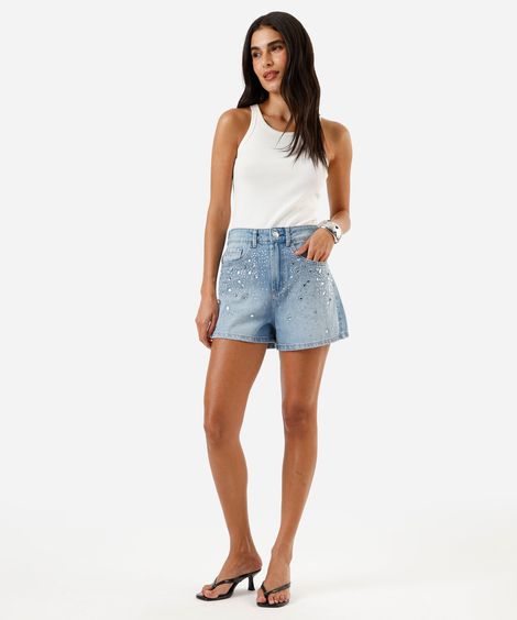 short mom feminino jeans com brilhos cintura alta azul