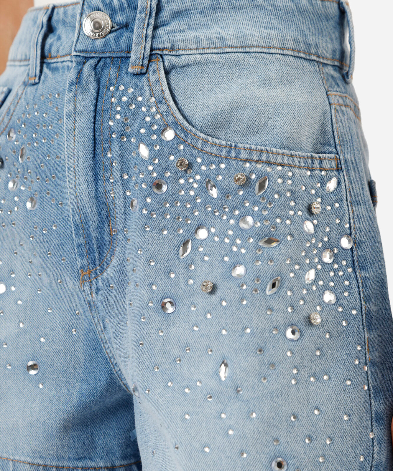 short mom feminino jeans com brilhos cintura alta azul