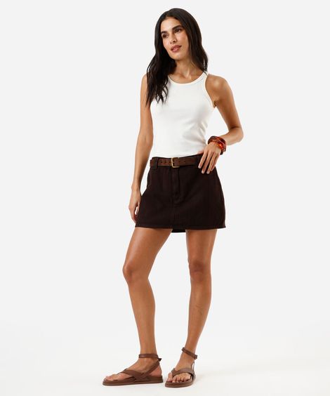 short saia feminino de sarja texturizado cintura média marrom