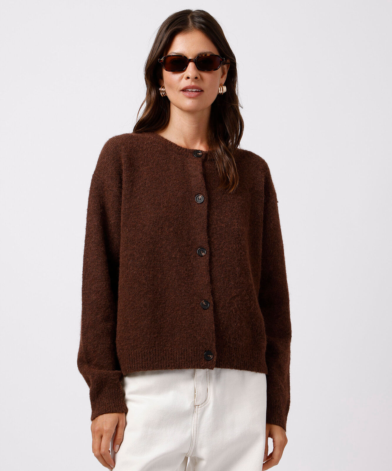 cardigan feminino de tricot com lã mindset marrom