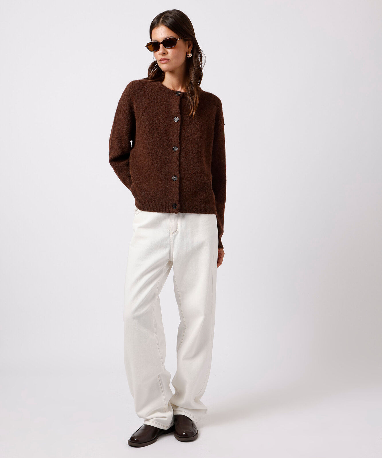 cardigan feminino de tricot com lã mindset marrom