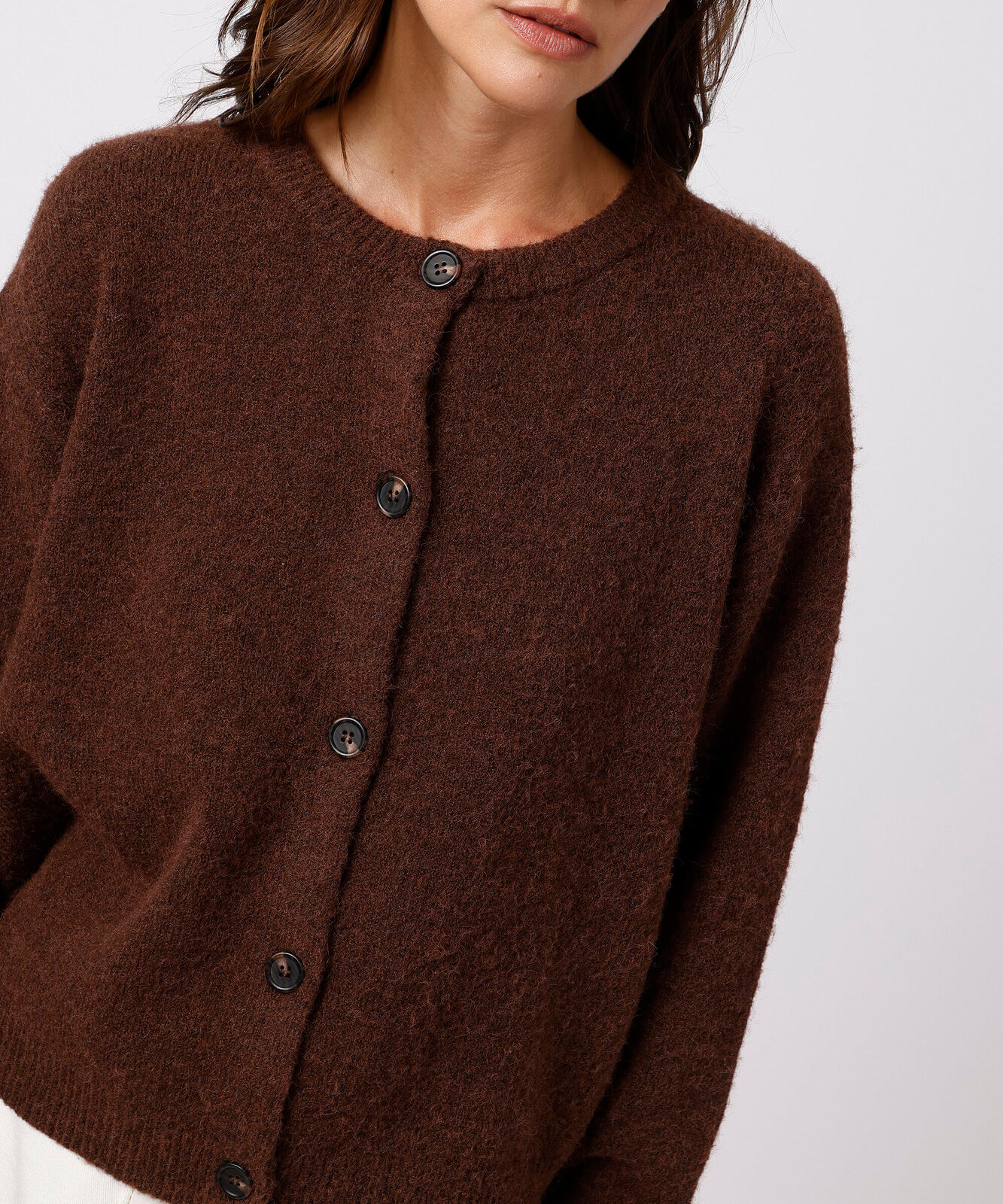 cardigan feminino de tricot com lã mindset marrom