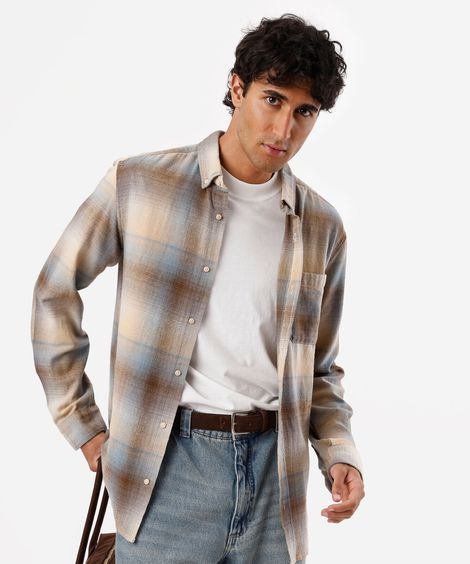 camisa masculina de algodão manga longa xadrez bege