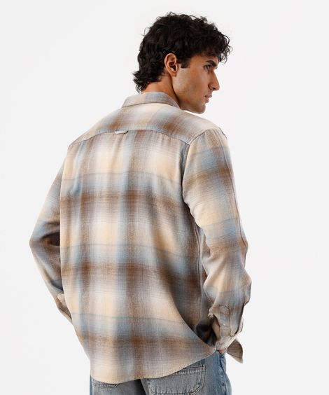 camisa masculina de algodão manga longa xadrez bege