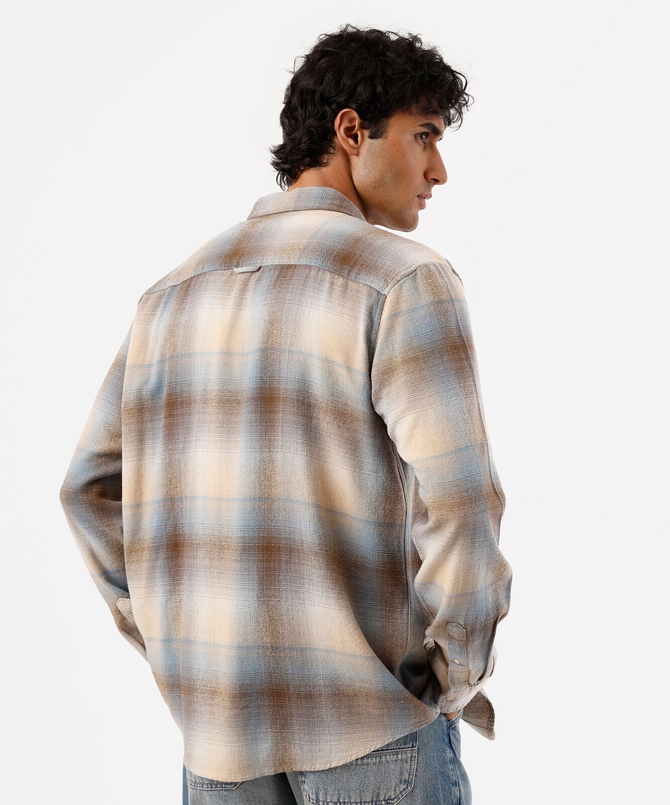 camisa masculina de algodão manga longa xadrez bege