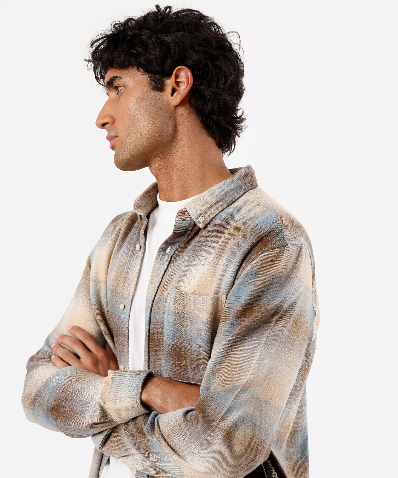 camisa masculina de algodão manga longa xadrez bege