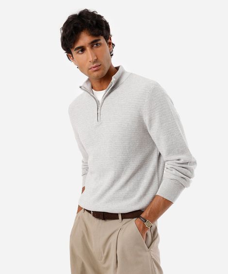 suéter masculino de tricot gola alta com zíper cinza