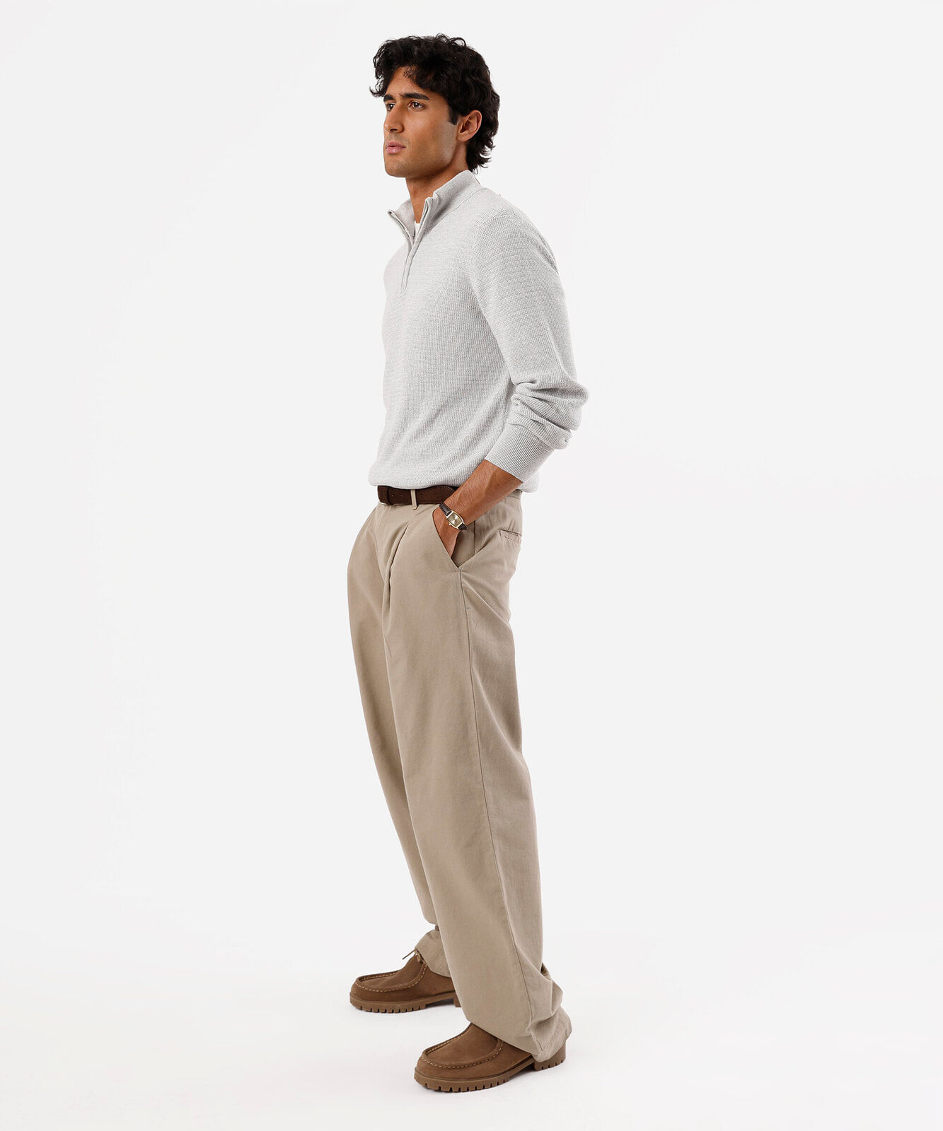 suéter masculino de tricot gola alta com zíper cinza