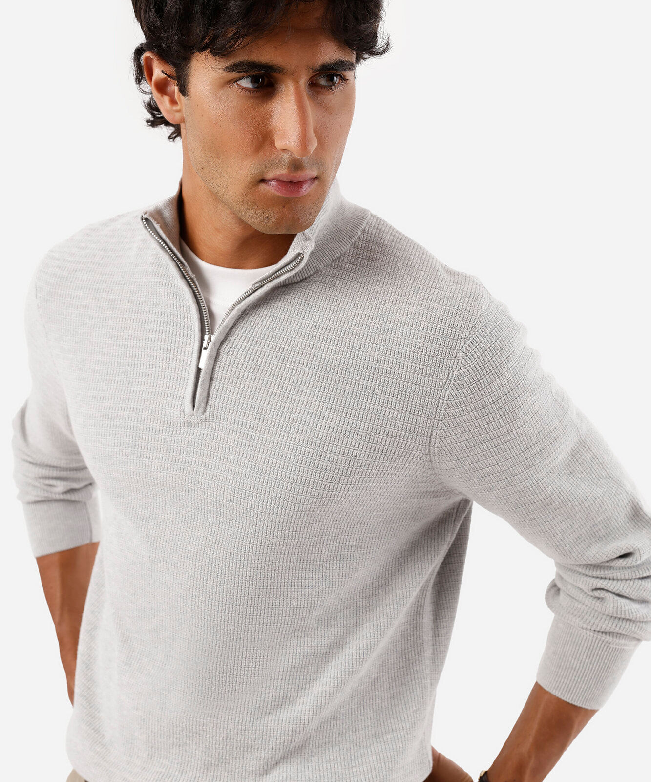 suéter masculino de tricot gola alta com zíper cinza