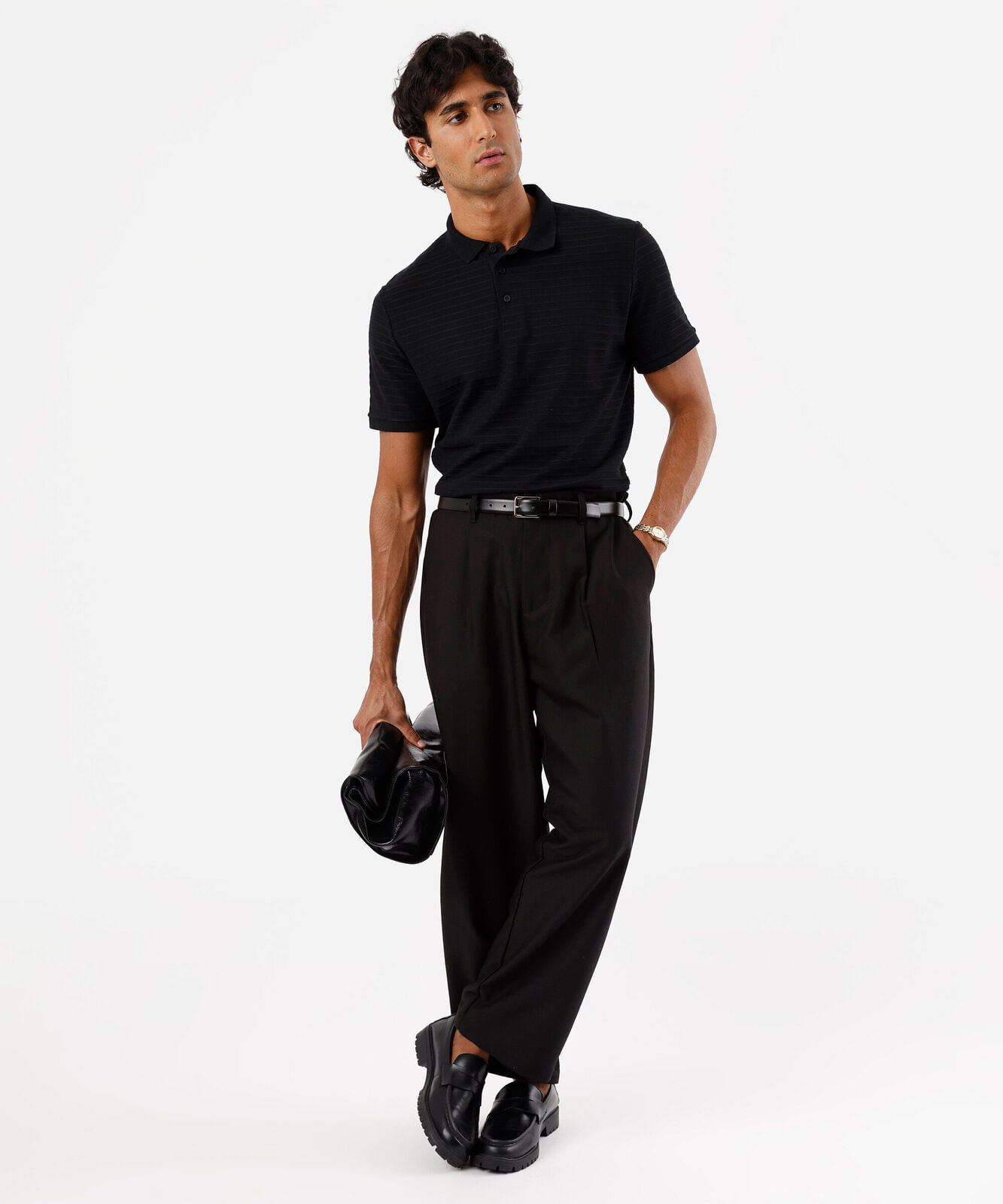 polo masculina com algodão manga curta texturizada preta