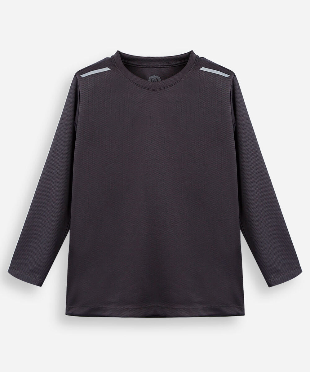 camiseta infantil manga longa esportiva com refletivo cinza